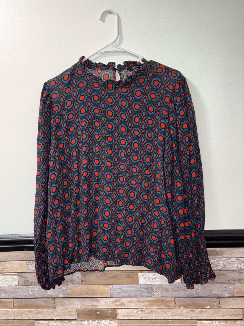 Zara Navy & Red Geometric Ruffle-Neck Blouse Size XL